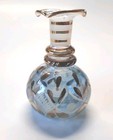Blown Glass Perfume Bottle Blue Tint And Gold Design On Clear Etched Glass 4 25 