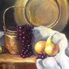 Vintage Original Realistic Still Life Oil Painting On Canvas  Copper Pot  Fruits