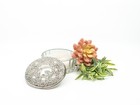 Vintage Silverplate And Glass Powder Box With Mirror   Puff - Made In Hong Kong