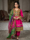 Afghani Pink Dress For Women Handmade Floral Silk Style  One Size Pink Color