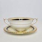 Set Of 4 Antique Paragon Corinth Fine China Cream Soup Bowls   Saucers Blue Gold