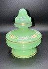 Green Opaline  jadeite   Glass Lidded Vanity   Dresser Jar With Hand-painted