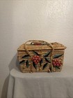Vintage Handwoven Floral Sewing Basket W Lid Handles Nwot 18    Wicker Storage