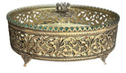 Gold Filigree Ormolu Jewelry Box Casket Wit Beveled Glass   Rose Top Vintage