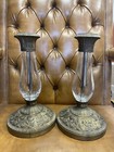 Pair Of Antique French Hurricane Glass And Brass Candlesticks Holder Decor