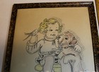Original Art Drawing Sketch Little Girl With Bird   Dog By A v  Damme 1941
