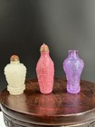 Lot Of 3 Chinese Peking Glass Snuff Bottles Pink Purple White Carved Late 20thc