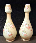 Pair 12 1 2  Antique Bristol Glass Satin Finish Porcelain Rose Floral Bud Vases