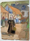 Emile Jourdan - Antique French Nabi Painting 1900 s  Breton Women In The Village