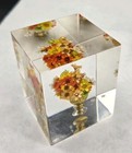 Vtg Lucite Paperweight Colorful Flowers In Brass Vase Mid Century Modern Decor