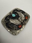 Vintage Turquoise Belt Buckle Nickel Silver Western Navajo Harley Eagle Coral