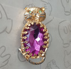 Purple Rhinestone Jelly Belly Kitty Cat Gold Tone Brooch Vintage Green Eyes