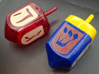 Vintage Hanukkah Plastic Dreidels Lot Of 2 Red Glitter Blue Judaica Spinning Top