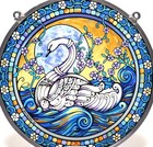 Vintage 1987 Glassmasters Stained Glass Swan Moon Lake Blue Hanging Art 8389ak