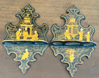 Antique Japanese Pair Of Hand Painted Black Lacquer Wall Rack Oriental Design  