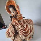 Vtg Handmade Crocheted Crochet Orange Cream Dress Hat Bed Pillow Doll Brown Hair