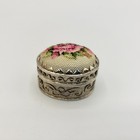 Vintage Silver Toned Pill Trinket Box Metal Petite Point Pink Rose Top Oval