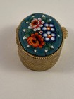 Vintage Oval Floral Micro Mosaic Gold Tone Hinged Pill Trinket Box