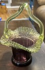 Stunning Antique Victorian Cranberry   Vaseline Uranium Glass Basket     Hand Blow