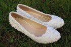 Su cheny White Pearls Flats Flower Low Heels Pumps Lace Wedding Bridal Shoes