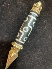 6 7  Tibetan Brass 3god Inlay Old Dragon Vein Agate Dzi  9eyed  Bead Pendant