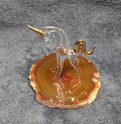 Vintage Blown Glass Unicorn Figurine Gold Accents Agate Slice Base