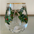 Hand Painted   Jeweled Stemless Wine Glass Set 2 Coquette Christmas Bows Holly