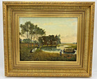 Antique Belgian Oil Painting On A Wood Panel Signed Flemish Landscape