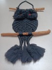Vtg Macrame Owl Wall Hanging Black Jute 2 Branch Perch Wood Eyes Approx  30 l 