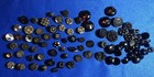 Antique Lot Of 90 Black Glass Victorian Buttons   Pressed  Etched  Painted  Gilt