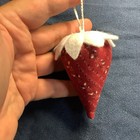 Strawberry Emery   Pincushion Wine Cotton Print Fabric  White Felt     Cap 3-1 2   