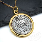 Saint St Benedict Medal Pendant Necklace  Silver W  Gold Border  1   18  Chain
