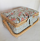 Vtg Sewing Basket Wicker Tapestry Loaded English Queen Notions Woolworth Misc
