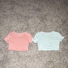 Lot Of 2 Juniors Cropped Knit T-shirts Size 13 Short Sleeve Round Neck Pink blue