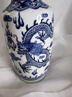 Vintage Jingdezhen Vase Mark On Base Chinese Blue And White Dragons 10 1 2    Tall