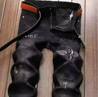 Black Denim Mens Jeans Slim Fit With Embroidery Patches Pattern Or Zippers