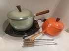 Vintage Fondue Set Mixed Colors Orange Green 2 Pots 4 Forks Hot Plate Mcm Works 