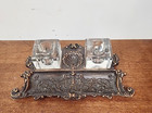 Antique Brass Ornate Double Inkwell Pen Holder - Matching Glass Inkwells