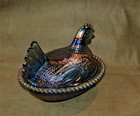 Vtg Indiana Glass Hen On Nest Dish Carnival Bicentennial Blue Iridescent Hon