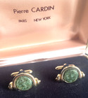 Pierre Cardin Genuine Jade Cufflinks Gold Plated 1970s Vintage Store Stock Mib