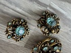 Vintage Coro Rhinestone Brooch   Earrings 60s Antiqued Gold Blue Statement Mcm