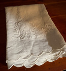 Antique French Linen Embroidered Fleu De Lis Bath Guest Towel Scalloped 25x46
