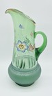 Antique Victorian Green Glass Pitcher Hand Blown Enameled Floral Ruffled Rim 12 