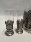 Vintage Glass   Pewter 5 Piece Ornate Liquor   Shot Glasses Decanter Set