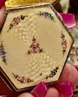 Vtg Floral    gold Guilloche Petite Powder Compact 1910s Porcelain Enamel Case    