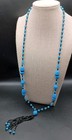 Art Deco Bright Blue Black Glass Tassel Pendant Necklace Long Vintage 33 