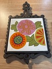 Vtg  Japan Mcm Flower Motif Footed Cast Iron Tile Wall Trivet 60s-70s Lot Of 2