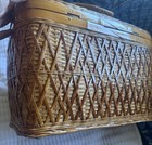 Vintage Woven Wicker Bamboo Picnic Basket W handles   Turn Latch Farmhouse Decor