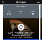 Justin Timberlake Concert  October 27  Chicago-section 201 Front Row