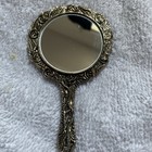 Vtg Victorian Pewter Small Hand Held Vanity Mirror Embossed Roses Rope Trim